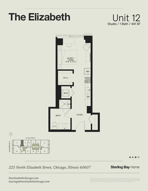 Floor plan for studio, 1 bath, 441 sqft